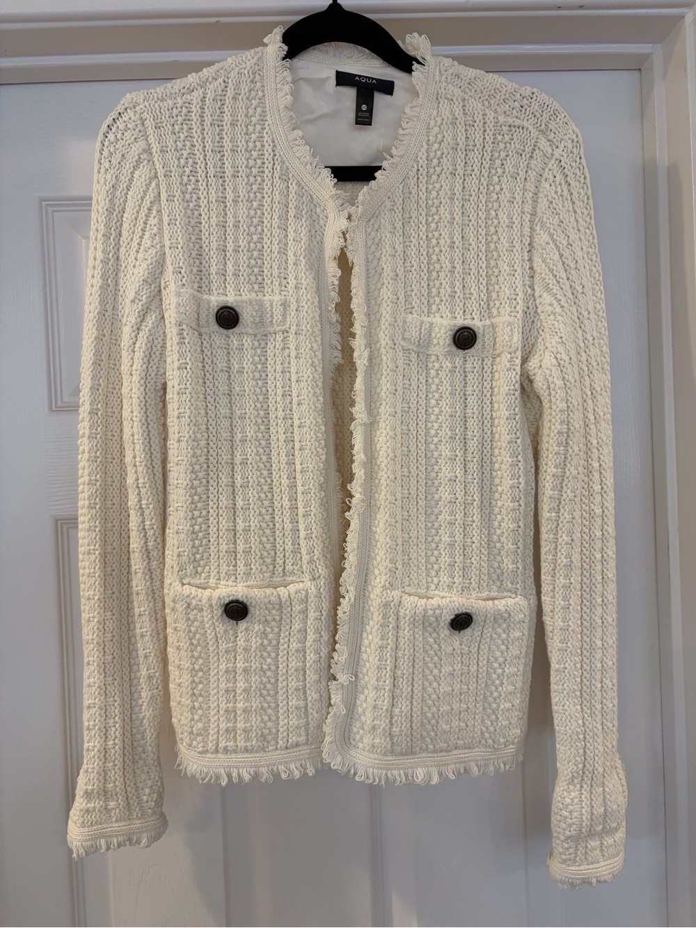 Aqua Ivory Bouclé Fringe Open-Front Cardigan